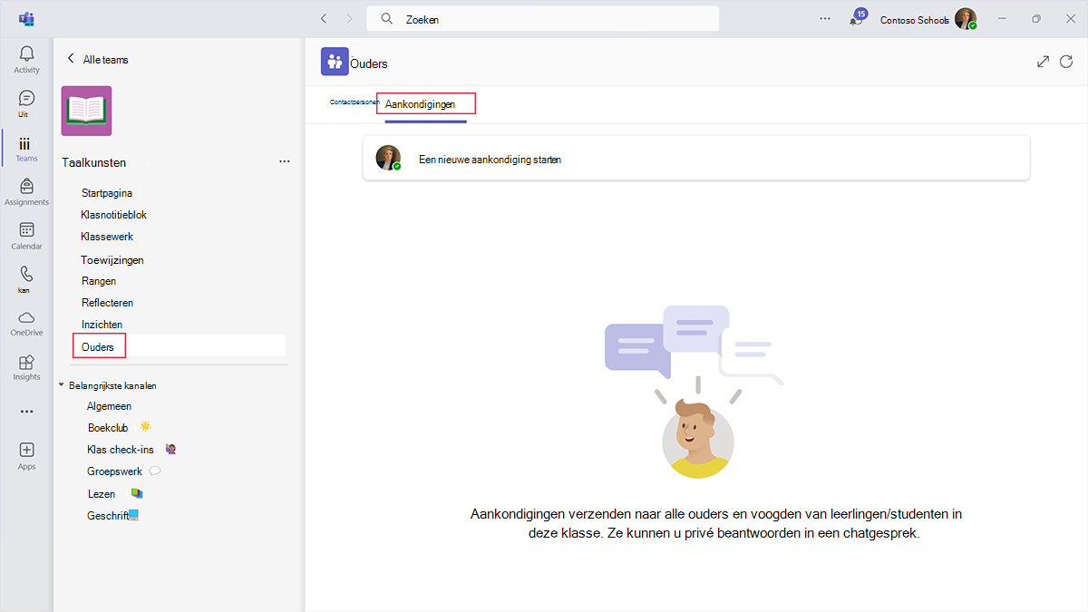 Schermopname van het verzenden van een aankondiging naar voogden in de ouders-app in Microsoft Teams for Education.