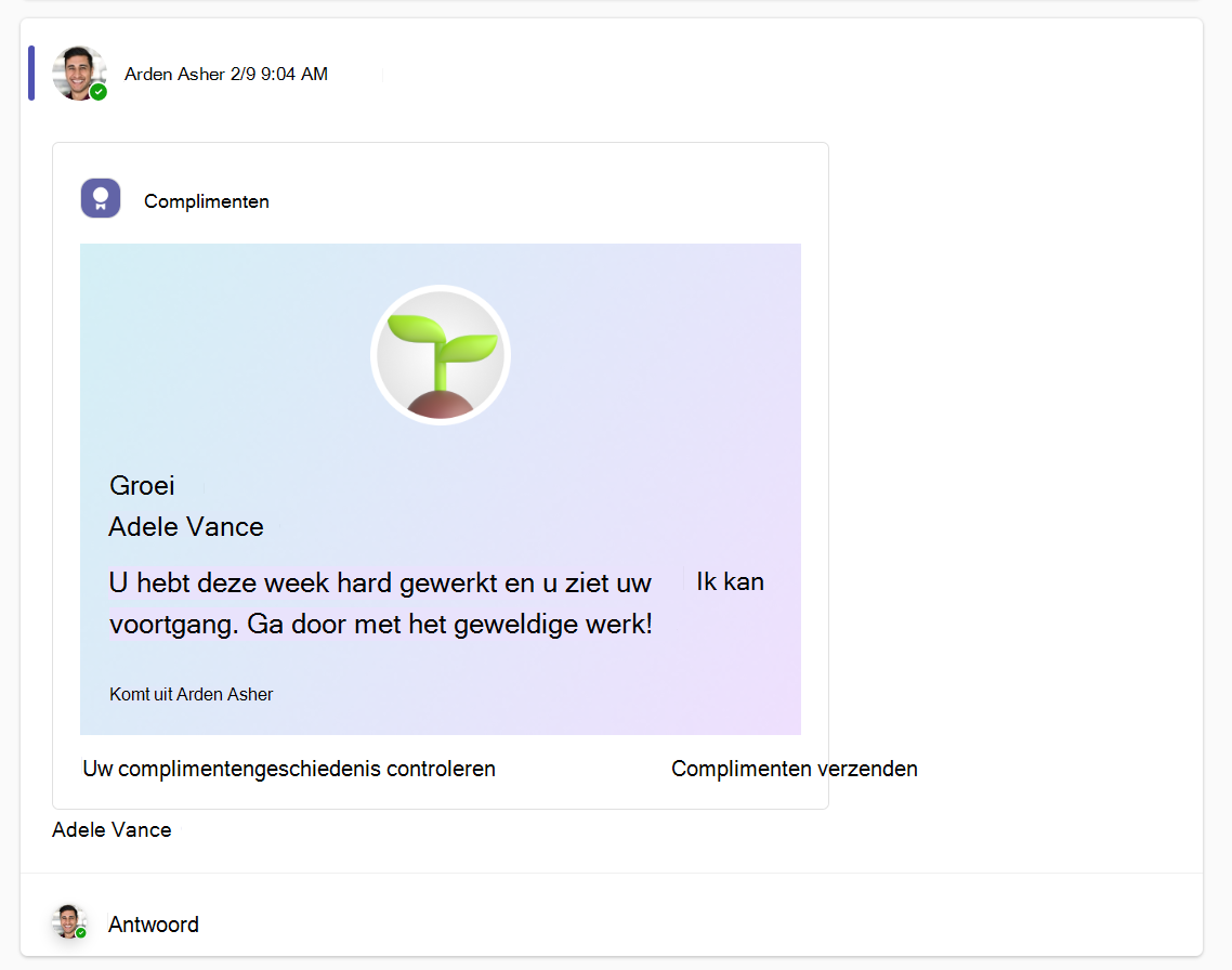 Schermopname van een lofbericht aan de cursist in een klasteamkanaal in Microsoft Teams.