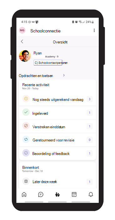 Schermopname van de opdrachten en toetsen van een leerling in de Schoolconnectie-app voor voogden.