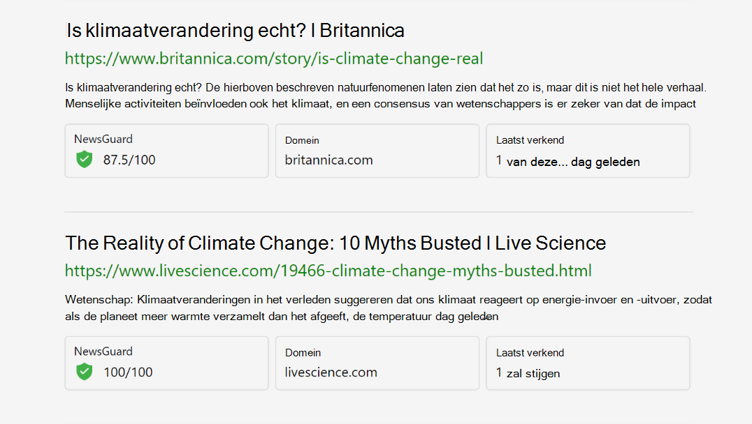 Schermopname van zoekresultaten in Zoekcoach met betrouwbaarheidsclassificaties van NewsGuard.
