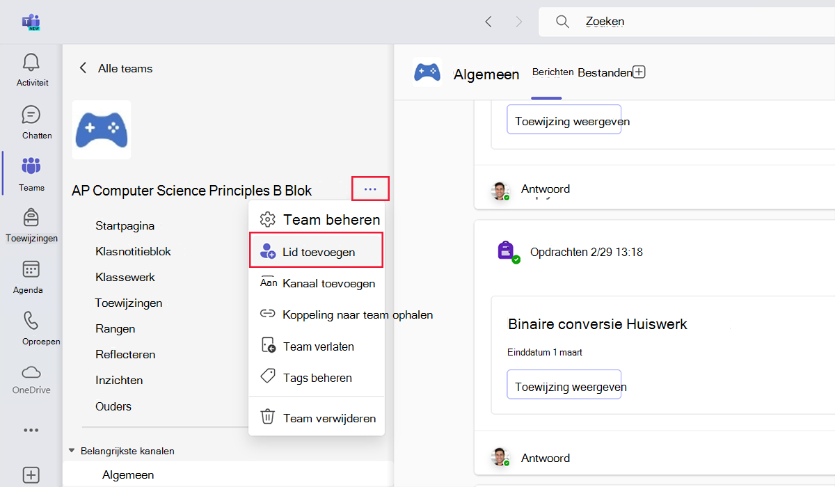 Schermopname van het gebied om een nieuw lid toe te voegen aan een team in Microsoft Teams.