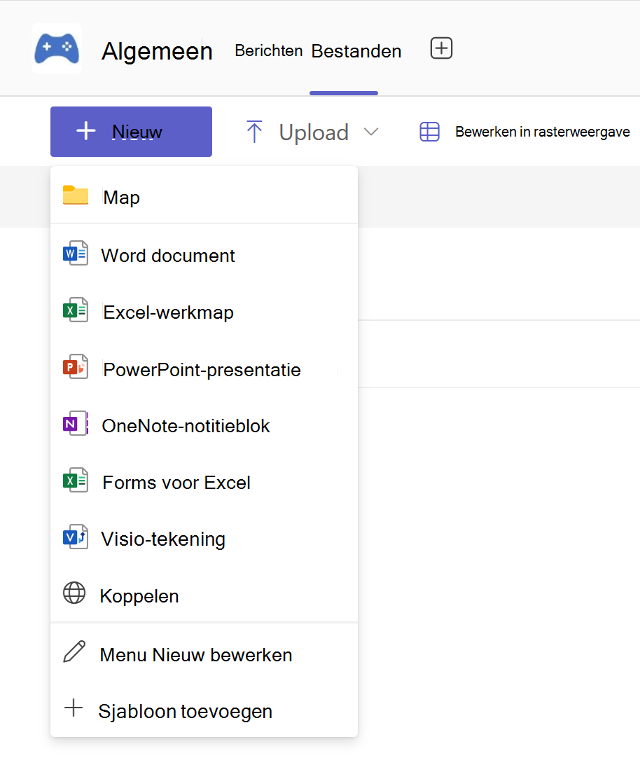 Schermopname van de typen documenten die beschikbaar zijn op het tabblad Bestanden in Microsoft Teams.