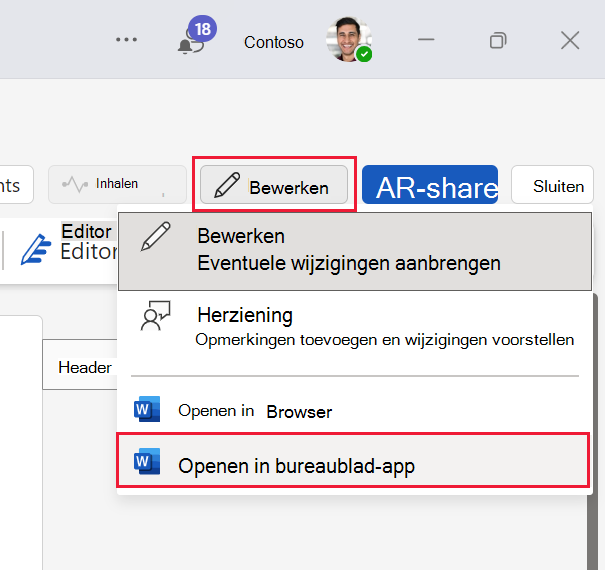 Schermopname van het bewerken van een Teams-document in de bureaublad-app Microsoft Word app.