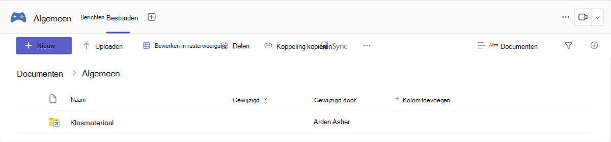 Schermopname van het tabblad Bestanden in Microsoft Teams.