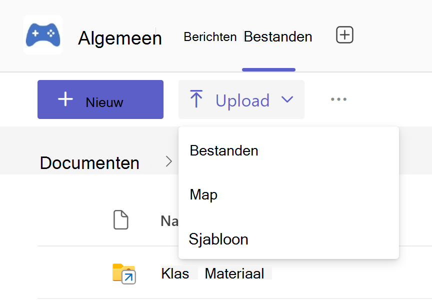 Schermopname van de typen documenten die kunnen worden geüpload naar het tabblad Bestanden in Microsoft Teams.