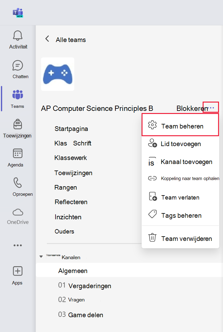 Schermopname van het menu Meer opties en de koppeling voor het beheren van teaminstellingen in Microsoft Teams.