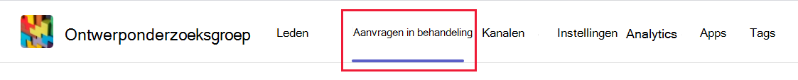 Schermopname van het tabblad Aanvragen in behandeling in het menu Team beheren in Microsoft Teams.