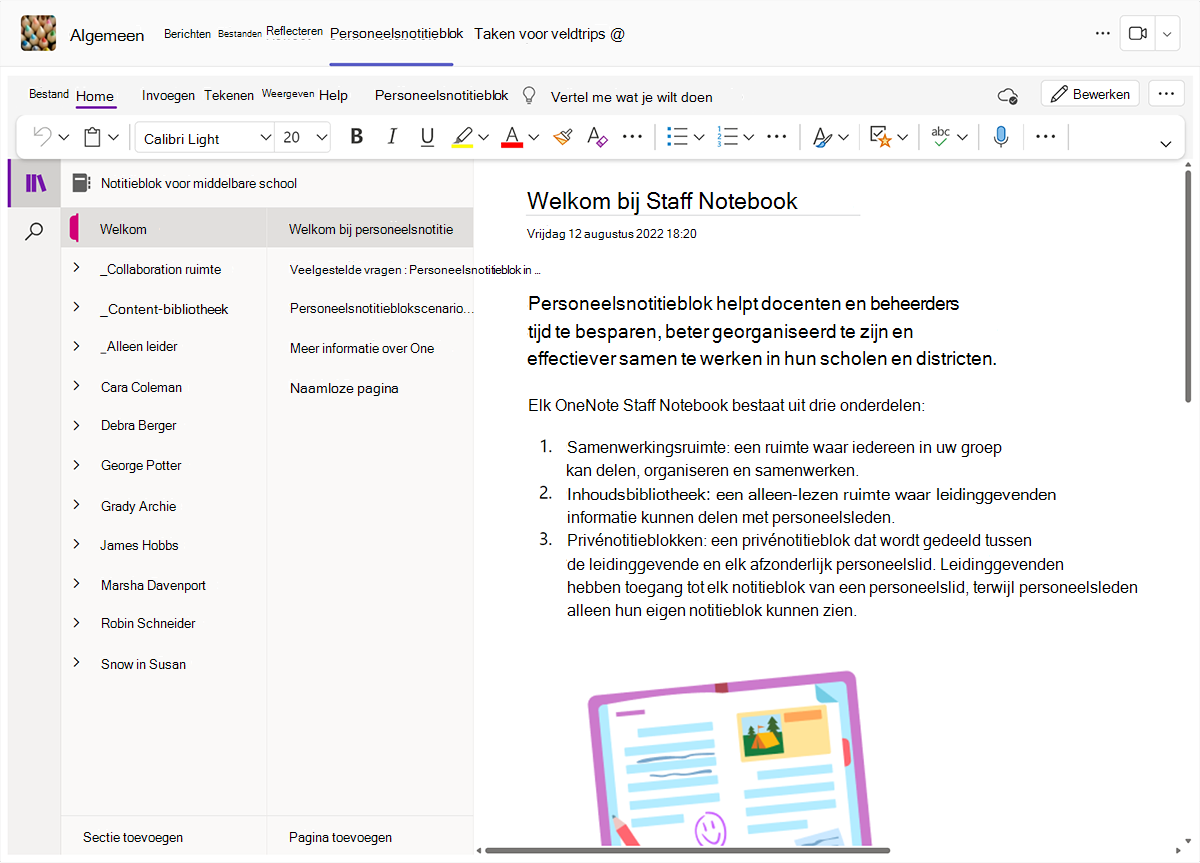 Schermopname van het OneNote-personeelsnotitieblok in Microsoft Teams.