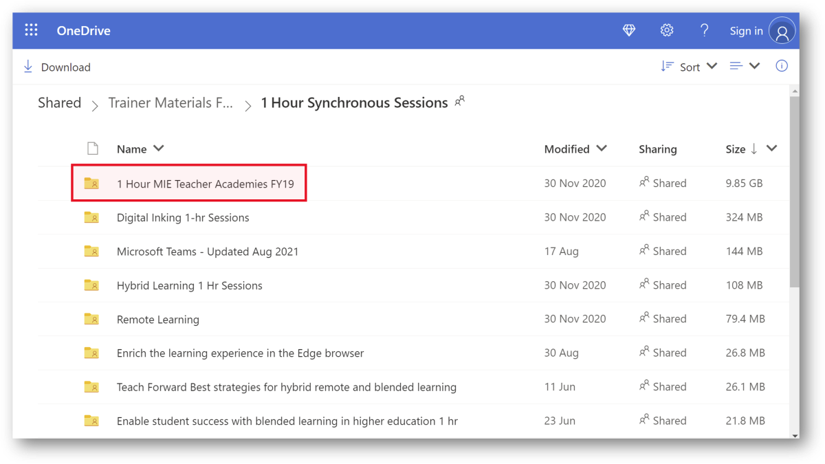 Schermafbeelding van de MIE Trainer-resources OneDrive, met de map '1 uur MIE Teacher Academys FY19' gemarkeerd.
