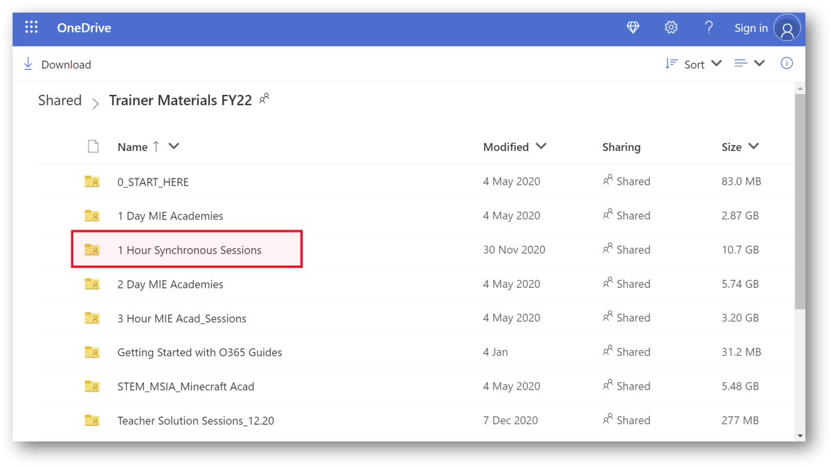 Schermafbeelding van de MIE Trainer-resources OneDrive, met de map 1 uur synchronisatiesessies gemarkeerd.