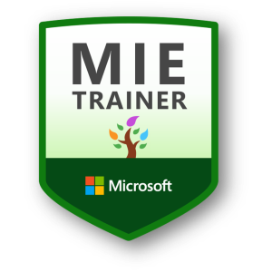 Afbeelding van een MIE Trainer-badge: het schild bevat een boom in de bovenste helft en het Microsoft-logo onderaan.