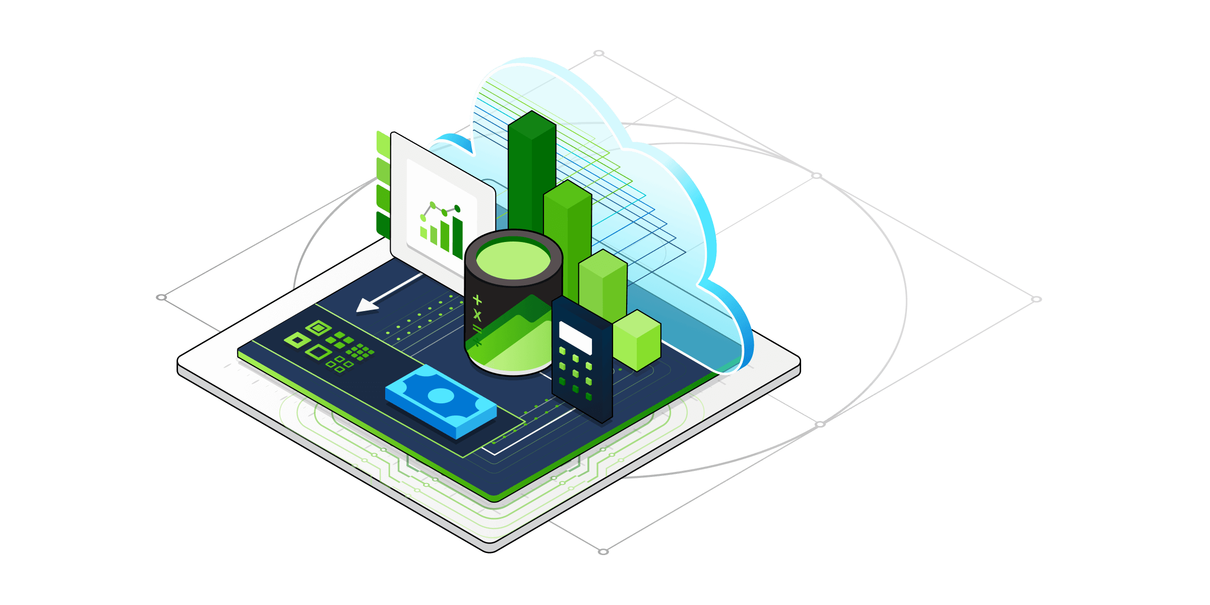 Een isometrische illustratie van technische onderdelen voor financiële diensten.