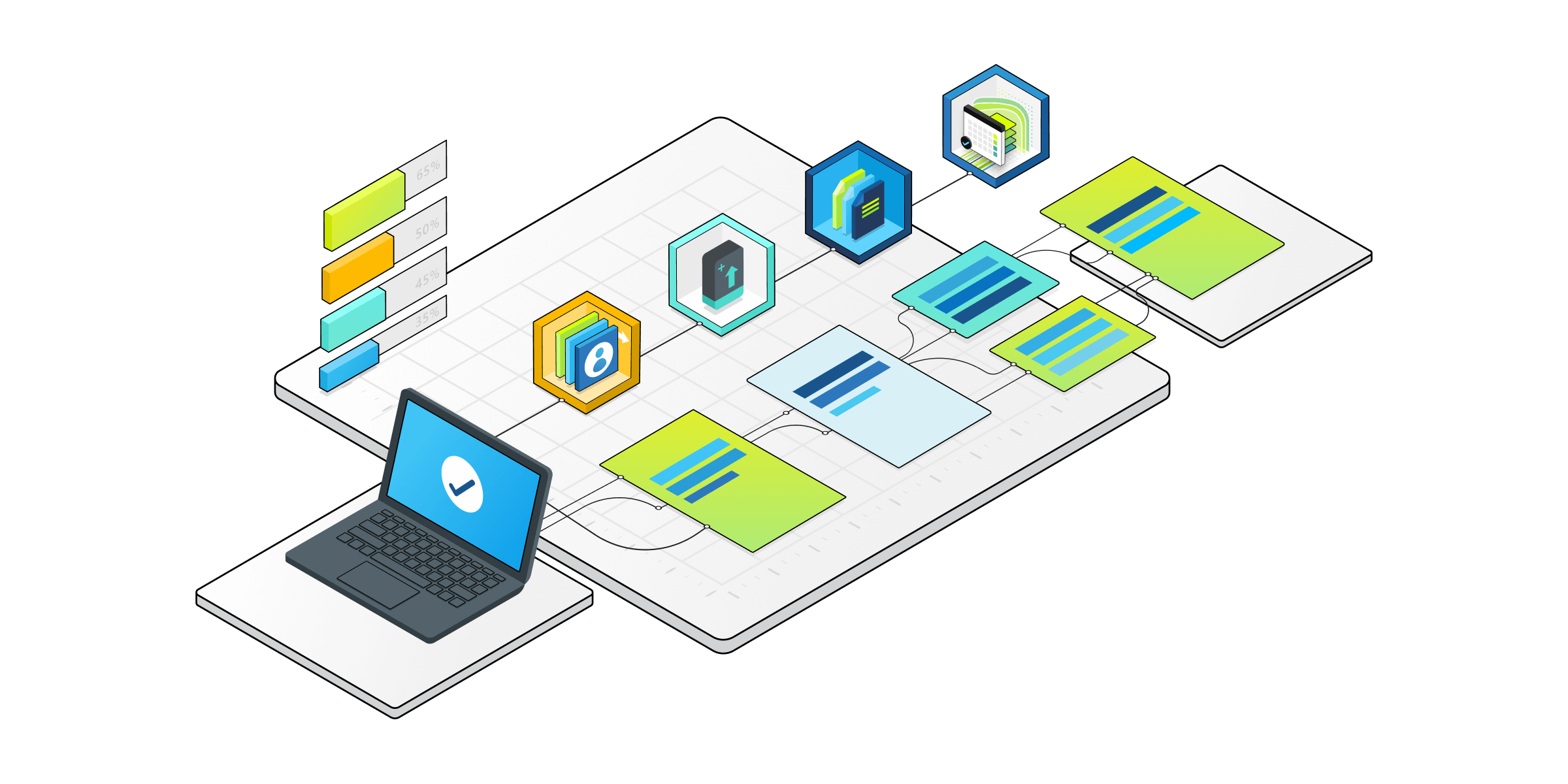 Een isometrische illustratie van technische onderdelen voor verkoopservices.