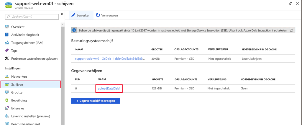 Schermopname van het schijfgedeelte van een virtuele machine waarin de VHD is gemarkeerd die we willen bewerken.