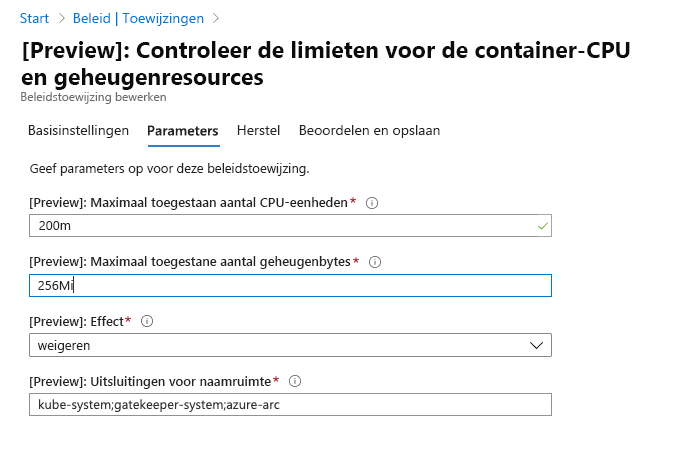 Screenshot that shows the information captured in the Parameters tab.