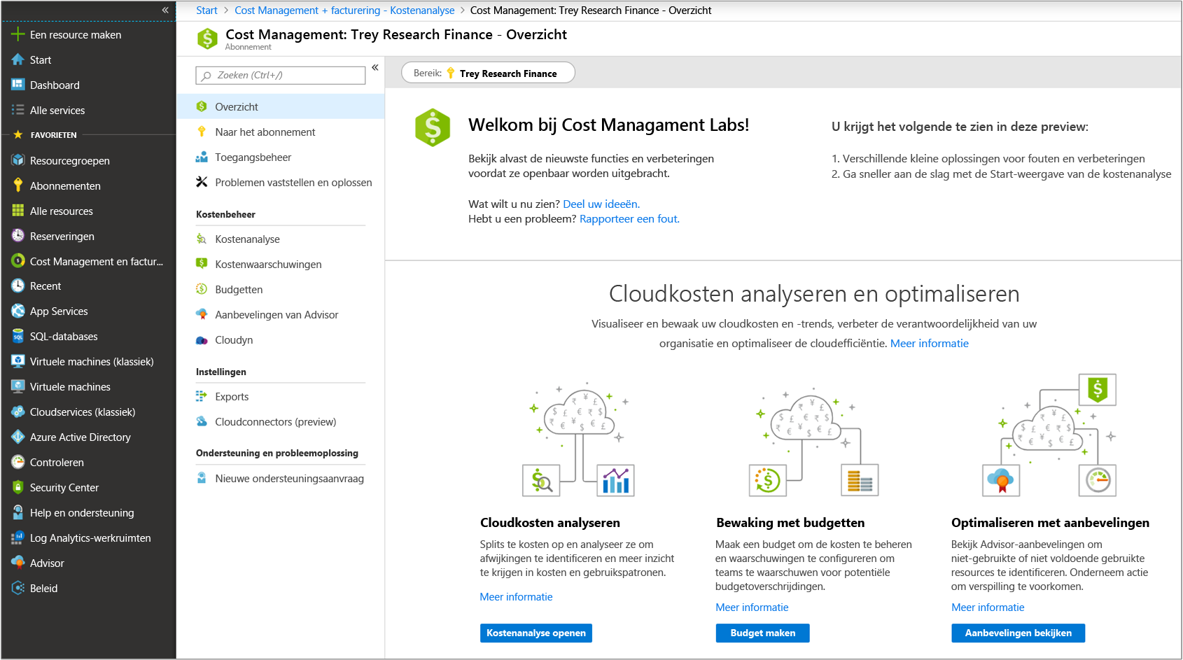 Schermopname van Azure Portal waarin naar het overzichtsvenster van Cost Management is genavigeerd vanuit het gedeelte Kostenbeheer en facturering.