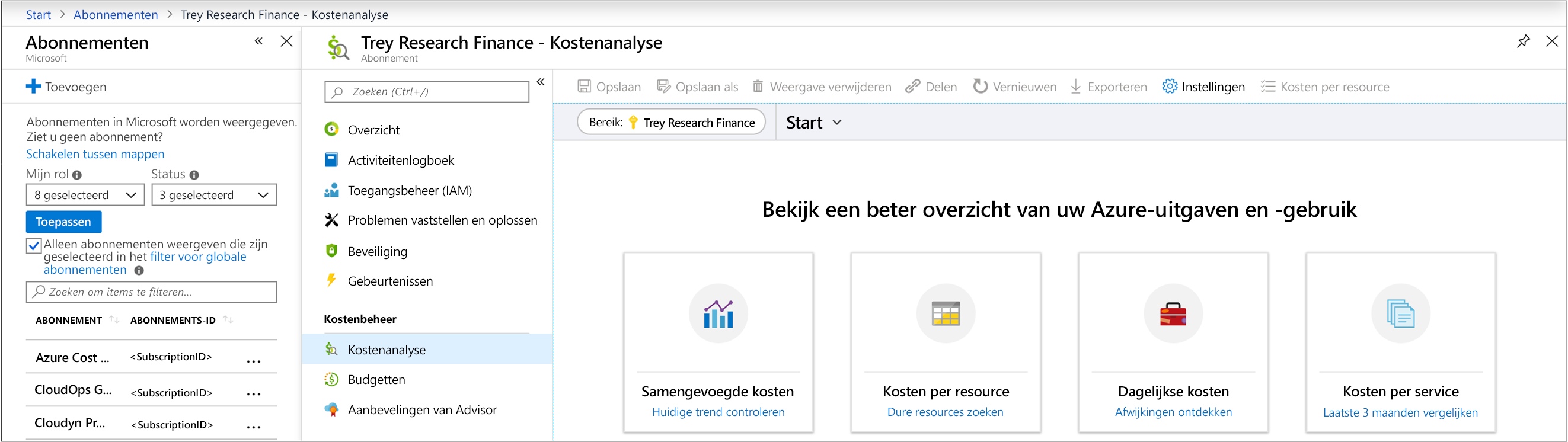 Schermopname van Azure Portal waarin naar het scherm Kostenanalyse van een abonnement is genavigeerd.
