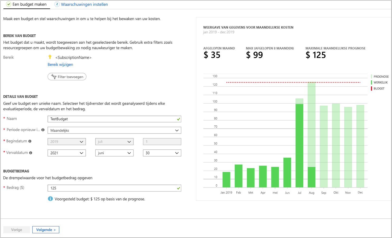 Schermopname van het maken van een budget met maandelijkse kostgegevens.