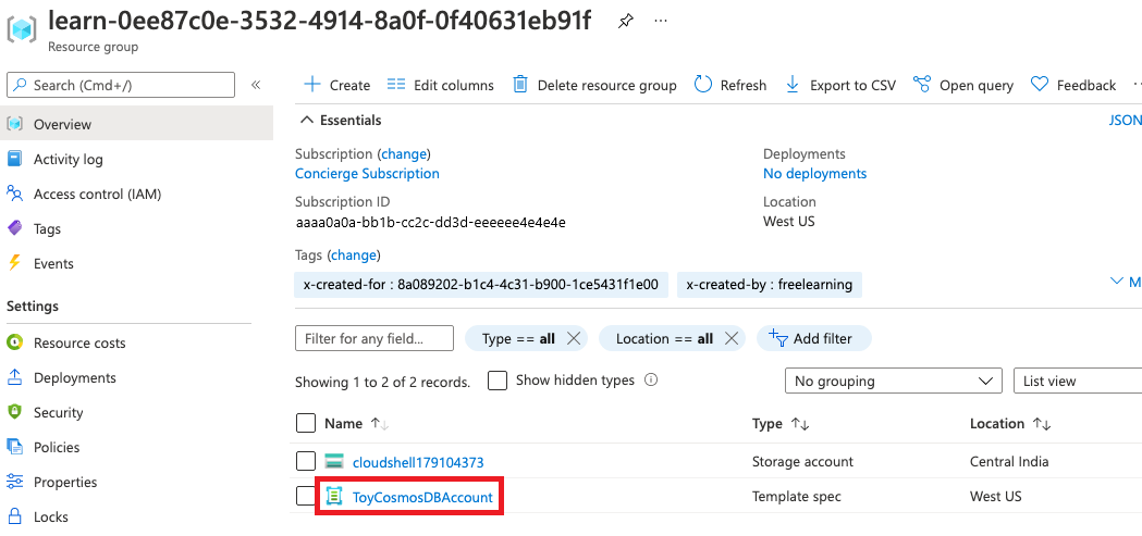 Schermopname van de Azure Portal-interface voor het overzicht van de resourcegroep, met de sjabloonspecificatie die is opgenomen in de lijst met resources.