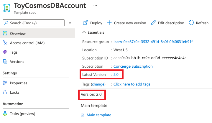 Screenshot of the Azure portal interface for the template spec, showing the latest version as 2.0.