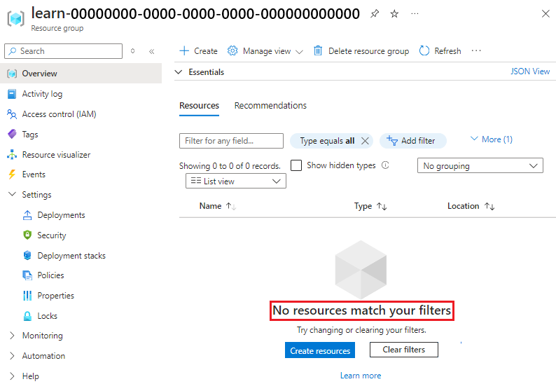 Schermopname van de Azure Portal-interface voor de volledige implementatie, waarbij de resource van het virtuele netwerk niet meer wordt vermeld.