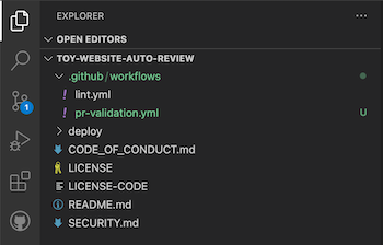 Schermopname van Visual Studio Code met het PR-validatiepunt YML-bestand in de map werkstromen.