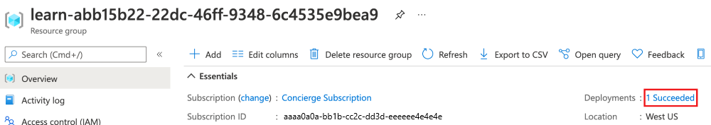 Schermopname van de Azure Portal-interface voor het overzicht van de resourcegroep, met de sectie implementaties die laat zien dat deze is geslaagd.