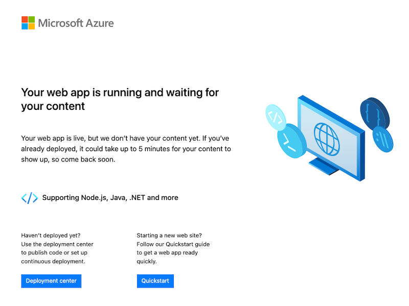 Schermopname van de standaard welkomstpagina van App Service.