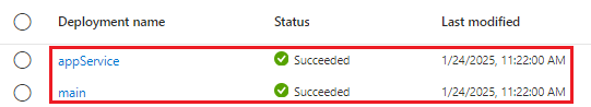 Schermopname van de Azure Portal-interface voor de implementaties, met de twee implementaties die worden vermeld en de status geslaagd.