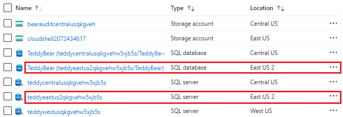 Schermopname van Azure Portal, met de implementatie van de logische servers en databases op verschillende locaties.