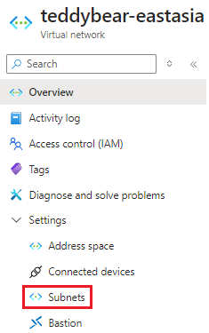 Schermopname van de Azure Portal-interface voor het virtuele netwerk, met het zoekveld waarin subnetten zijn ingevoerd.