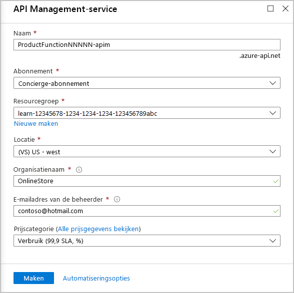 Schermopname van instellingen voor een API Management-service.