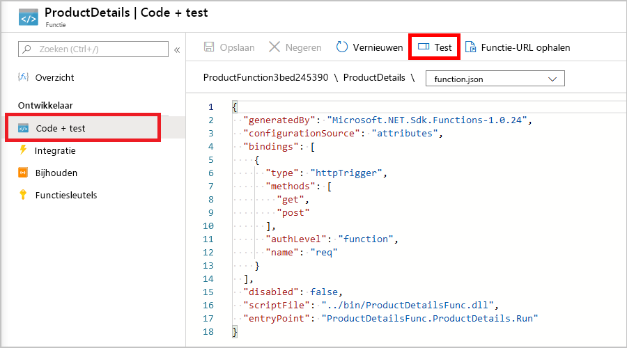 Schermopname van het deelvenster ProductDetails Code en Test, met Test/Run geselecteerd in de opdrachtbalk.