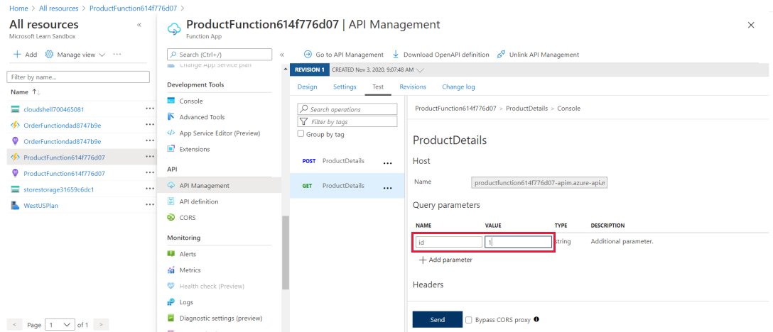 Schermopname van de ProductDetails-console met queryparameterwaarden gemarkeerd voor de GET HTTP-aanvraag.