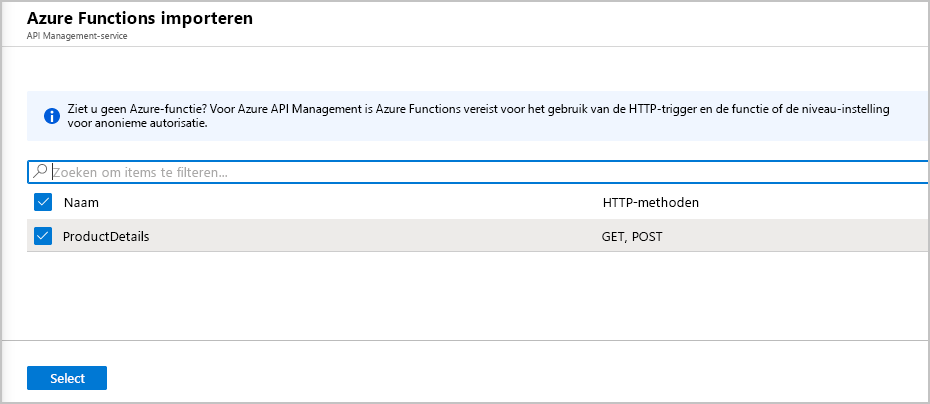 Schermopname van het deelvenster Azure Functions API Management-service importeren.