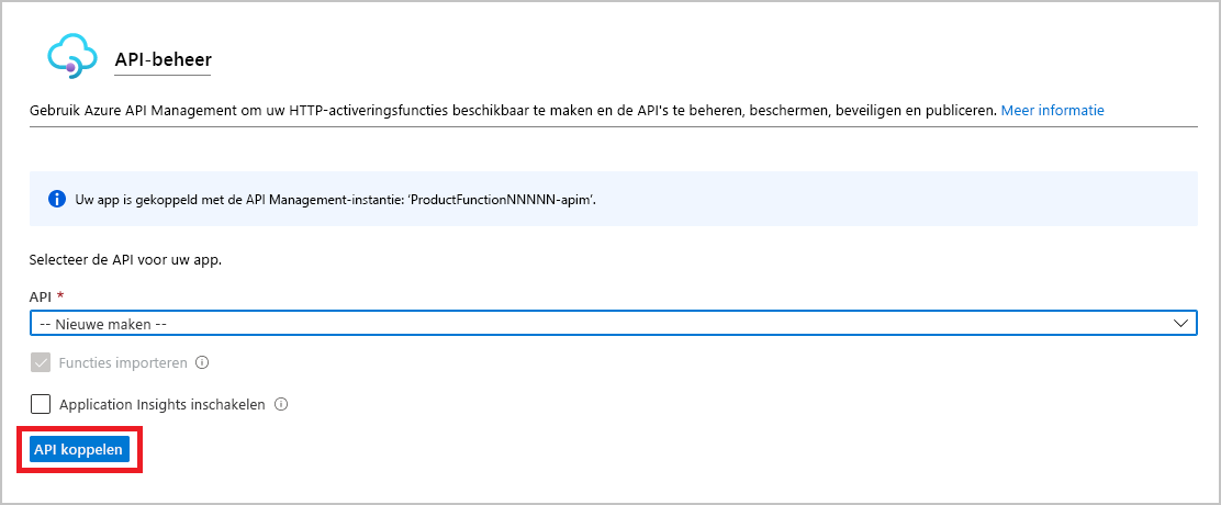 Schermopname van API Management met de knop API koppelen gemarkeerd.