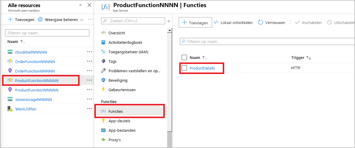 Schermopname van menuselecties om de functie ProductDetails te openen.