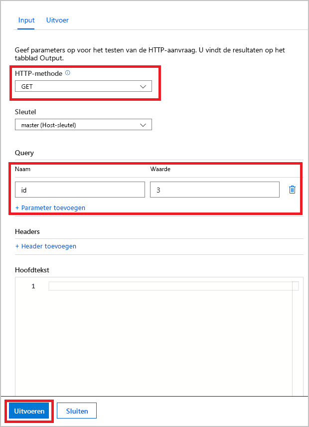 Schermopname van het invoervenster voor Testen en uitvoeren, met de invoerparameter voor de HTTP GET-methode gemarkeerd.