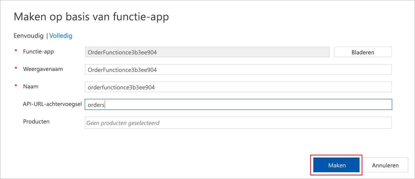 Schermopname van het dialoogvenster Maken op basis van functie-app dat is gevuld met details van de Orders-functie.