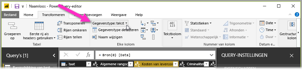 Het lint Transformatie en de knop Gegevenstype