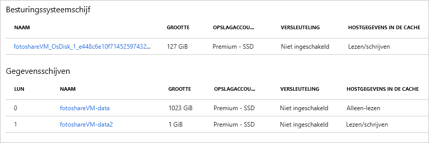 Schermopname van Azure Portal met de sectie Schijven van het VM-deelvenster met twee gegevensschijven.