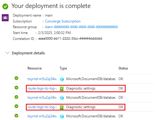 Screenshot of the Azure portal interface for the specific deployment, with the Azure Cosmos DB resources as well as two resources with type Microsoft.Insights/diagnosticSettings.