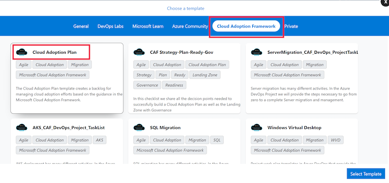 Screenshot that shows how to select the chosen template.