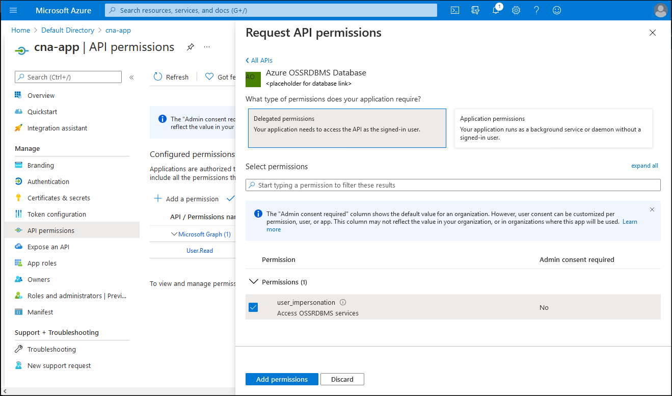 Schermopname van de blade Api-machtigingen aanvragen in Azure Portal, met de optie Gedelegeerde machtigingen geselecteerd.