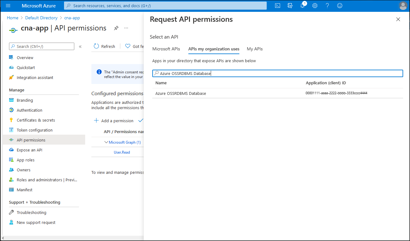 Schermopname van de blade Api-machtigingen aanvragen in Azure Portal.