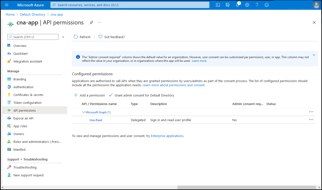 Schermopname van de blade API-machtigingen voor can-apps in Azure Portal.