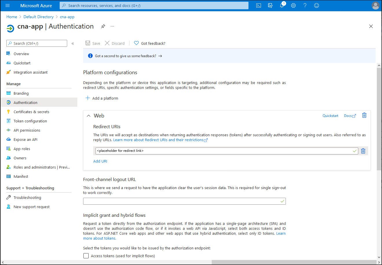 Schermopname van de blade Verificatie in de can-app in Azure Portal.