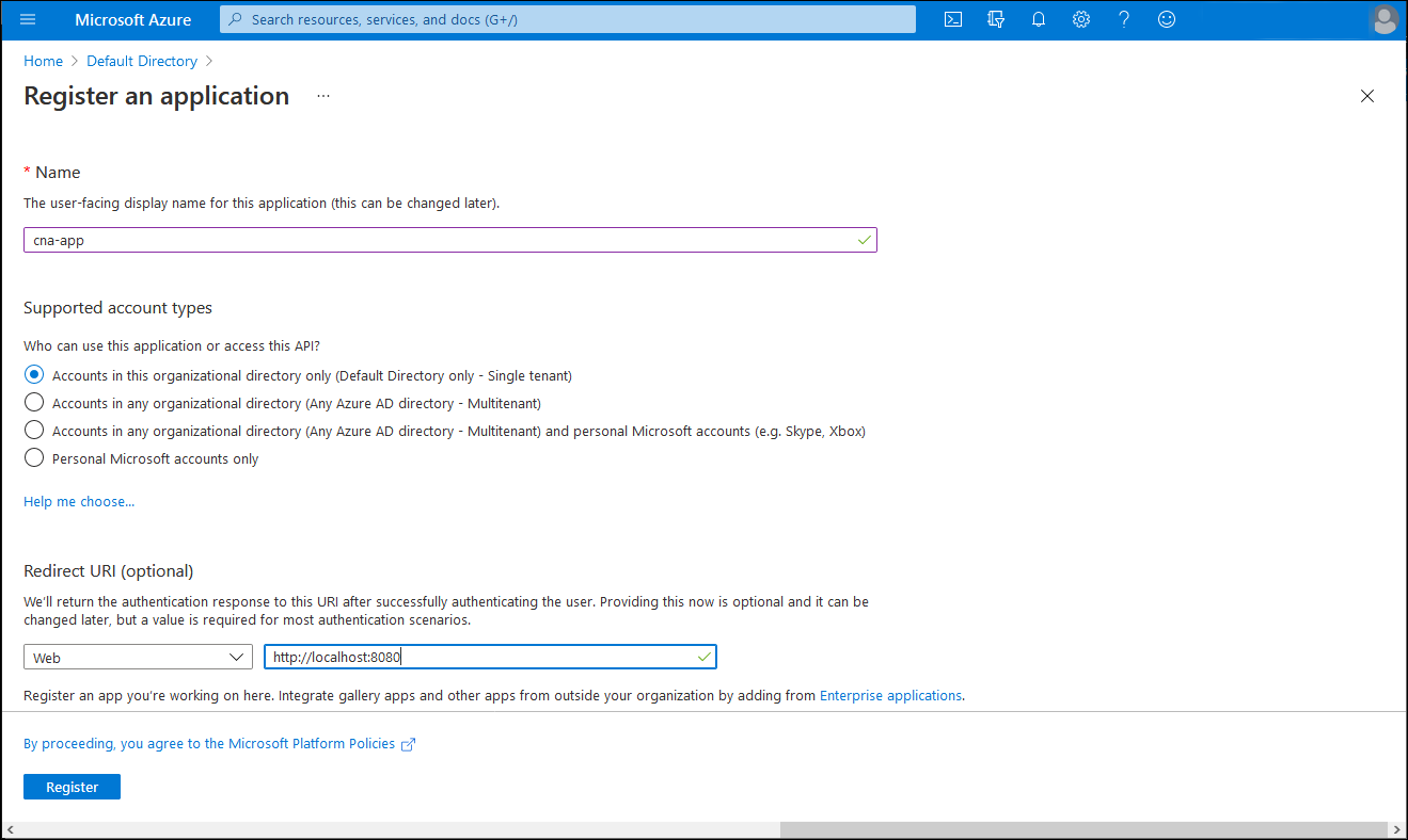 Schermopname van de blade Een toepassing registreren in Azure Portal.