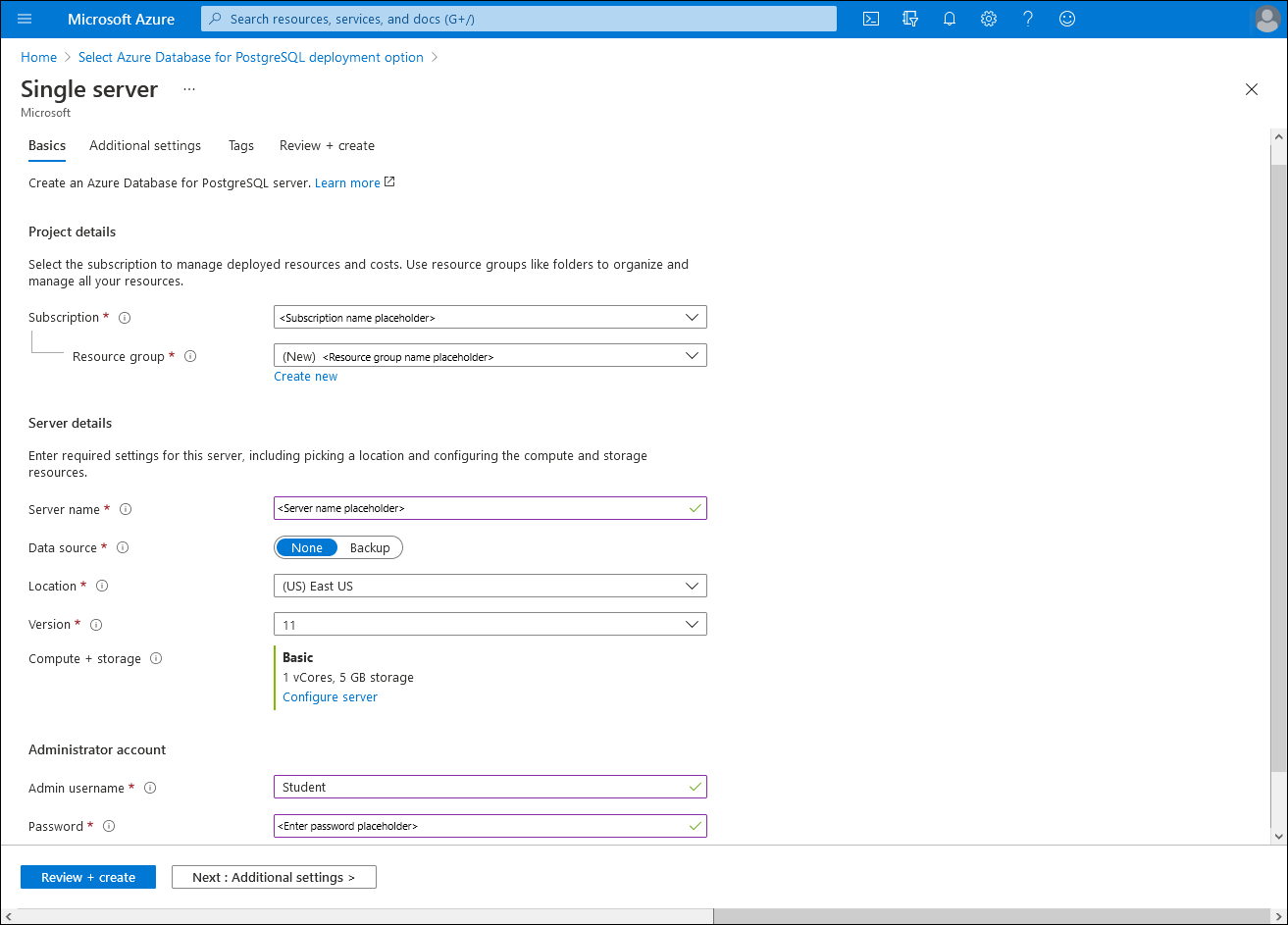 Schermopname van het tabblad Basisbeginselen van de serverblade in Azure Portal.