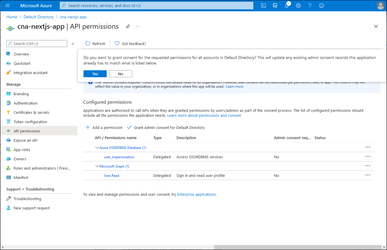 Schermopname van de blade api-machtigingen voor canjs-app in Azure Portal, met de prompt om te bevestigen dat de beheerder toestemming verleent.